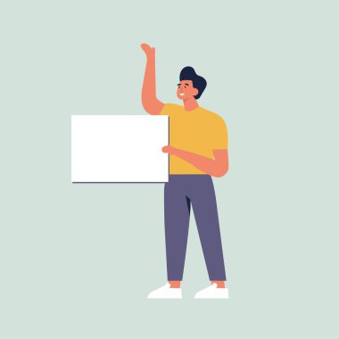 Vektör illüstrasyonu, elinde temiz pankartlarla gülümseyen genç adamlar. Boş afişler sergileyen insanlar.