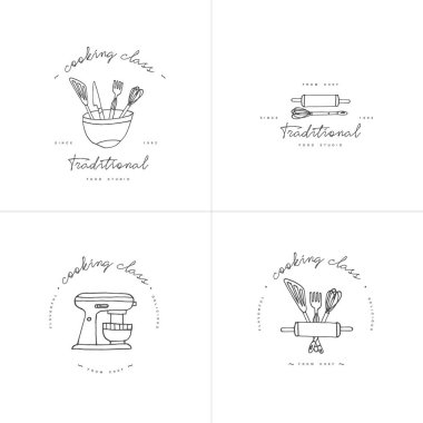 Pişirme sınıf doğrusal tasarım öğeleri, mutfak Amblemler, semboller, simgeler veya gıda studio etiketleri ve rozetleri koleksiyon kümesi. Yemek kursları işaretleri şablonu veya logo, kimlik, mutfak okul.