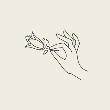 Vektör tasarımı lineer şablon logosu veya amblemi - lale çiçekleri ile el. Kozmetik ve paketleme veya güzellik ürünleri için soyut sembol.