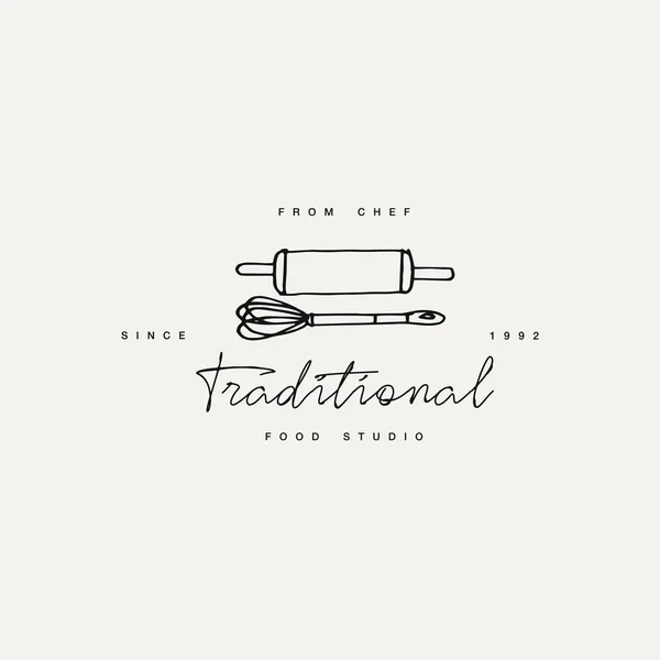 Matlagning klass linjär designelement, kök emblem, symbolen, ikon eller mat studio etikett. Matlagningskurser logga mall eller logotyp, identitet, kulinariska skola. — Stock vektor