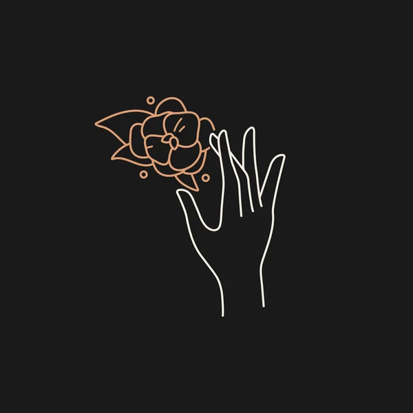 Vektor Design lineare Vorlage Logo oder Emblem - Hand mit Hortensien Blumen. abstraktes Symbol für Kosmetika und Verpackungen oder Schönheitsprodukte. — Stockvektor