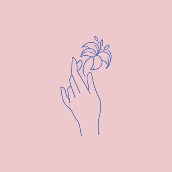 Logotipo o emblema de la plantilla lineal de diseño vectorial - mano con flores de tulipán. Símbolo abstracto para cosméticos y envases o productos de belleza . — Vector de stock