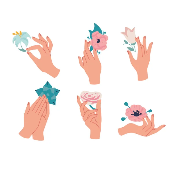 Logotipos o emblemas de plantillas lineales de diseño vectorial - manos en diferentes gestos con flores. Símbolo abstracto para cosméticos . — Vector de stock