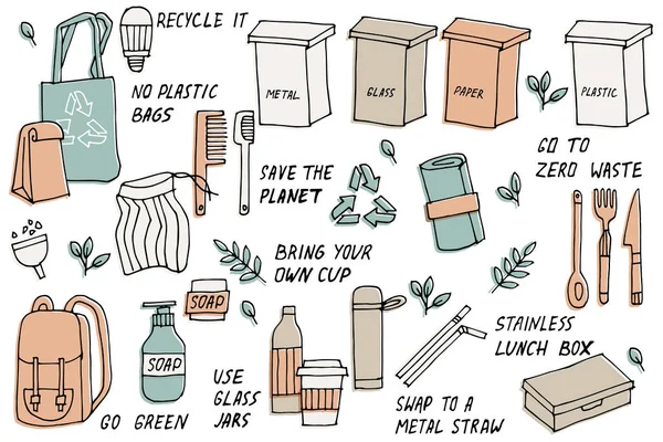 Ilustracja wektorowa zero odpadów, recykling, narzędzia przyjazne dla środowiska, zbiór naklejek ekologicznych z hasłami. Zestaw naklejek wektorowych, szpilki. — Wektor stockowy