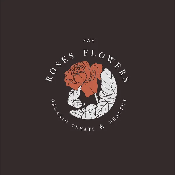Dessin à la main vecteur fleurs roses logo illustration. Une couronne florale. Emblème floral botanique avec typographie . — Image vectorielle