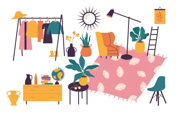 Vector illustration interior with stylish comfy furniture and home decorations. Icons of living rooms or apartments with furnished home plants. — ストックベクタ