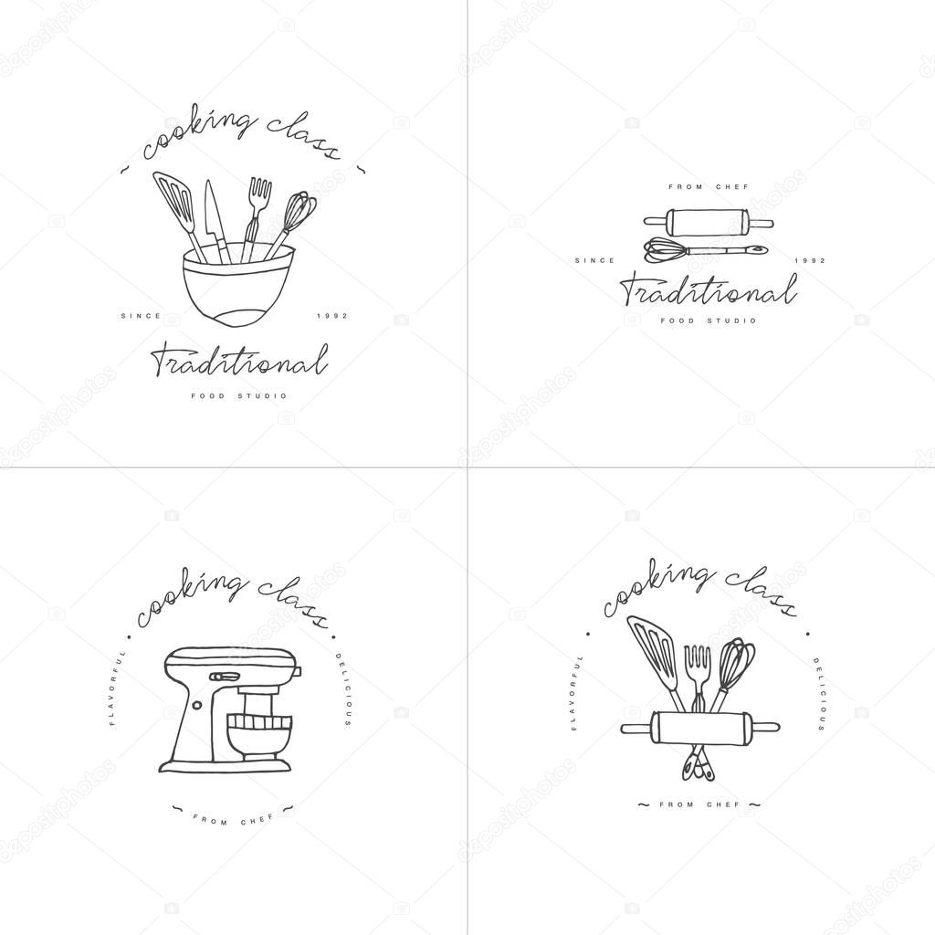 Cooking class linear design elements, set of kitchen emblems, symbols, icons or food studio labels and badges collection. Cooking courses signs template or logo, identity, culinary school