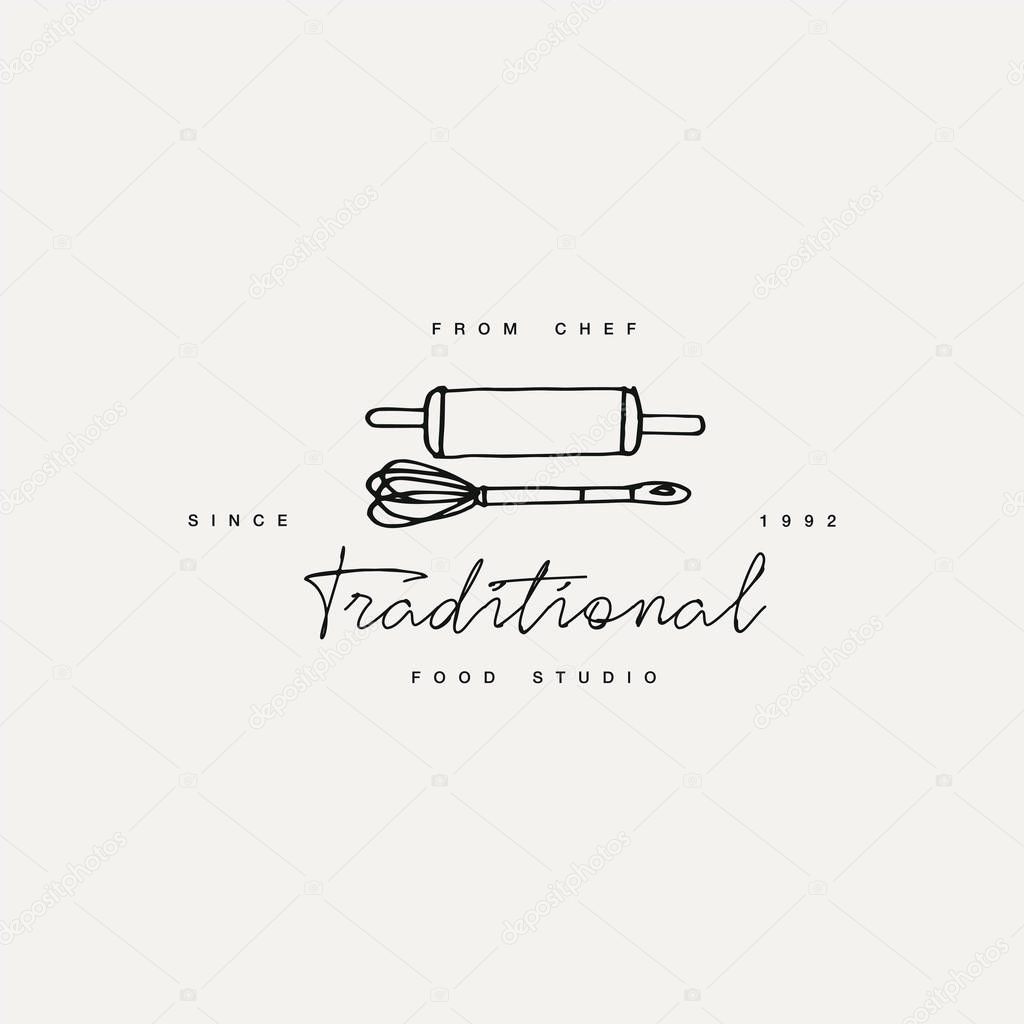 Cooking class linear design element, kitchen emblem, symbol, icon or food studio label. Cooking courses sign template or logo, identity, culinary school