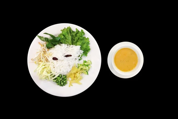 Rice Noodles and fish curry sauce with vegetables. — Stock Photo, Image