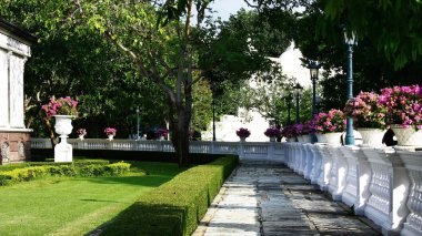 Güzel çiçekler ile parkta yürüyüş perspektif görünümü.