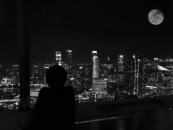 Lonely Night in the Big City on Black and white.Full moon image Stok Gambar Bebas Royalti