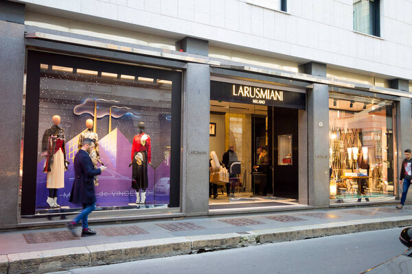Milan, December 2017: Shop window of Larusmiani in Shopping Street ot the fashion and design capital of the world, on December 2017 in Milan, Italy