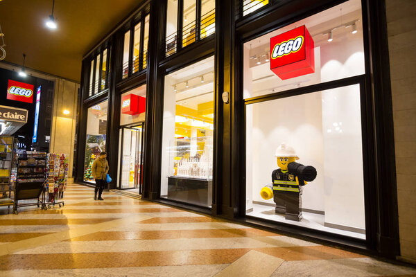 Milan, December 2017: Shop window of Lego in Shopping Street of the fashion and design capital of the world, on December 2017 in Milan, Italy