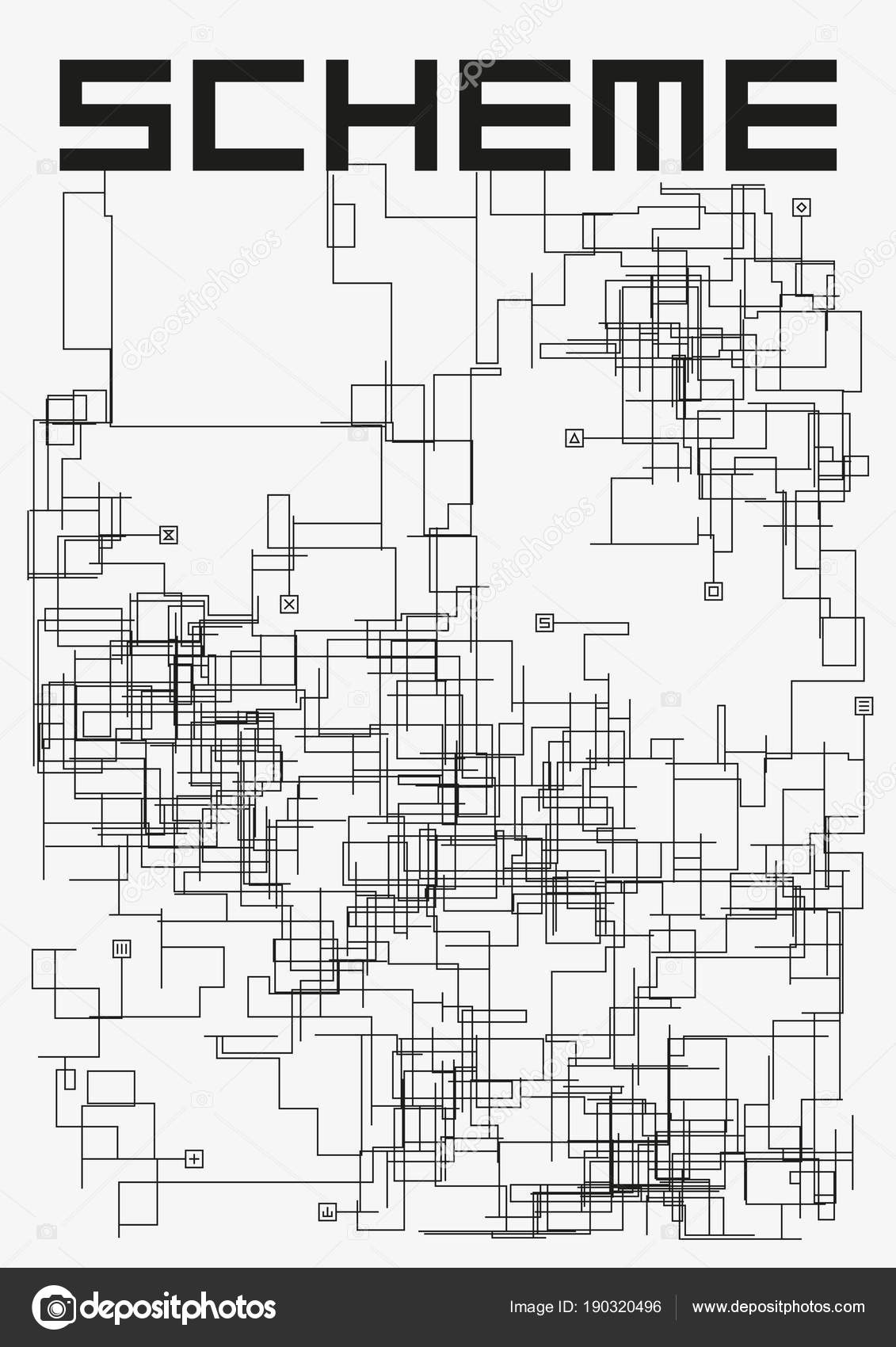 Modern monochrome vector illustration. Complex schematic abstract electrical scheme. Intricate geometric plan. Template for poster. Element of design.