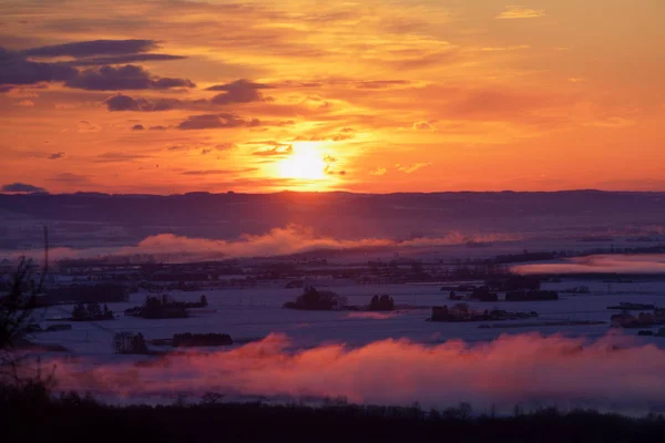 Lever Soleil Brouillard Glace Tôt Matin — Photo