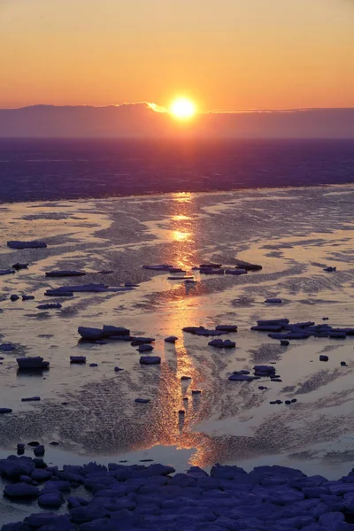 Unášený Led Východ Slunce Zimě Hokkaio — Stock fotografie
