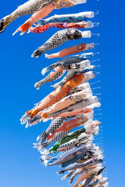 Koinobori Japonya 'da mavi gökyüzünde yüzüyor