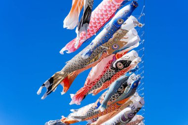 Koinobori Japonya 'da mavi gökyüzünde yüzüyor