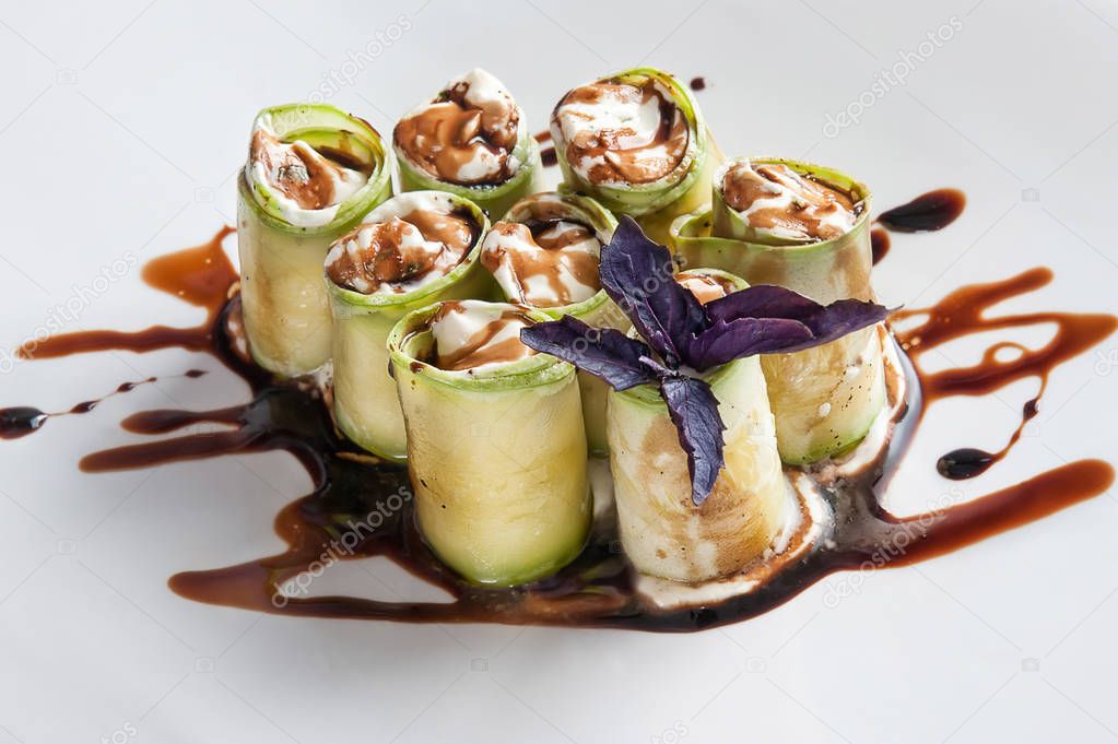 appetizer rolls with zucchini and cream cheese and pine nuts. Dr