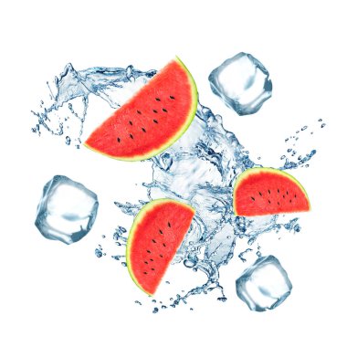 Sıçrama ve buz yavrusu ile suya düşen taze karpuz meyve