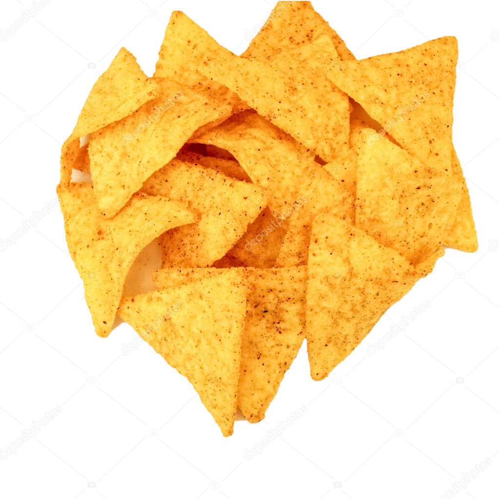 Mexican nachos, tortilla chips isolated on white background