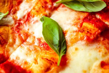 Dilim peynir ve baharat ile pizza ve fesleğen yaprakları kapatmak 