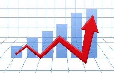 Grafik programı kırmızı büyüme ok mavi 3d ızgara üzerinde 
