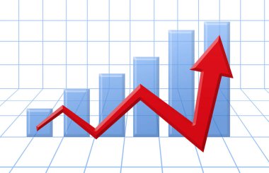 Grafik programı kırmızı büyüme ok mavi 3d ızgara üzerinde 