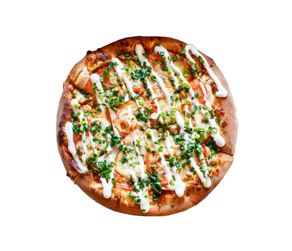 Mayonez, domates ve yeşil bıçak izole o tüm pizza