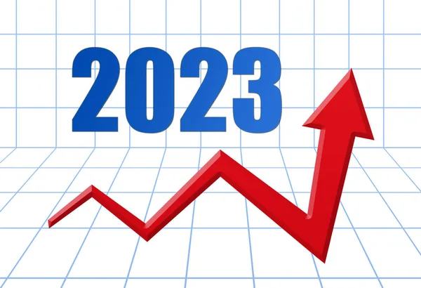 Metin ile mavi 3d kılavuz üzerindeki kırmızı büyüme oku: yıl 2023
