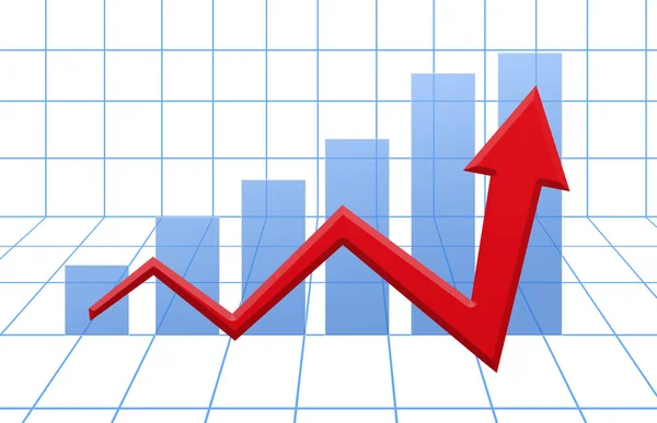 Grafik programı kırmızı büyüme ok mavi 3d ızgara üzerinde 