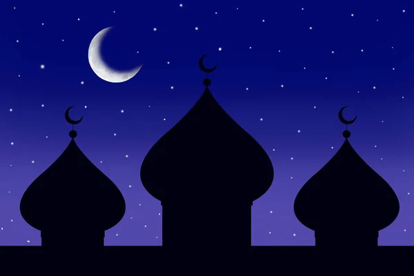 Silhouette einer Moschee und der Mond in der sternenklaren Nacht — Stockfoto
