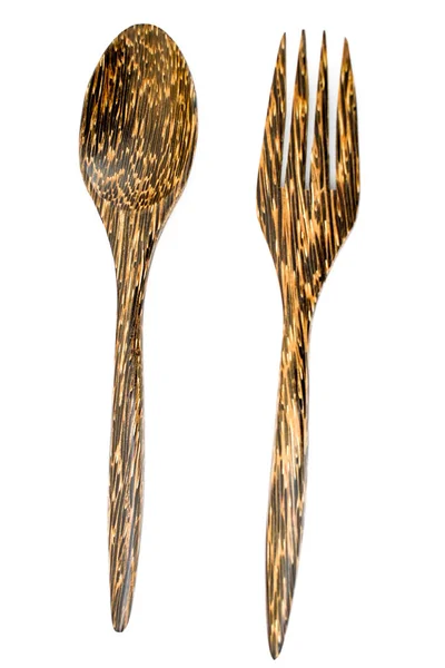 Forchetta e cucchiaio di legno di cocco isolati su bac bianco — Foto Stock
