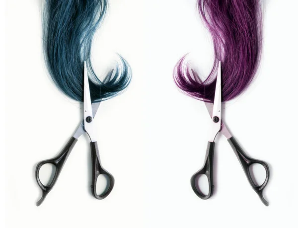 Ciseaux brins de coupe de cheveux teints en bleu et violet — Photo