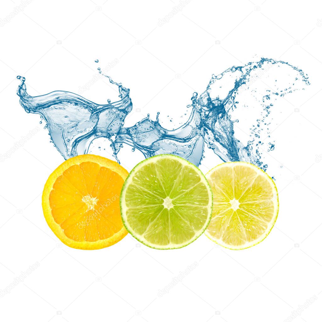 Fresh colorful citrus fruits: lemons, oranges, limes and water s