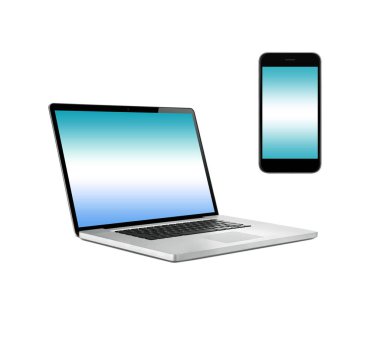 Dizüstü dizüstü bilgisayar, cep telefonu üzerinde beyaz backgro izole