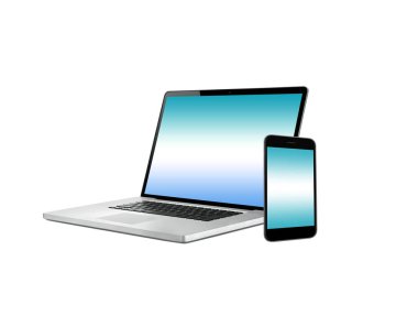 Dizüstü dizüstü bilgisayar, cep telefonu üzerinde beyaz backgro izole
