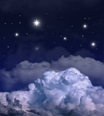 Karanlık gece ile birçok yıldız ve bulutlar. Kutup yıldızı