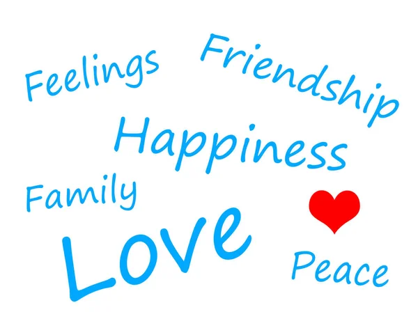 Hellblaue Textwörter auf weißem Hintergrund: Gefühle, Freundschaft, — Stockfoto