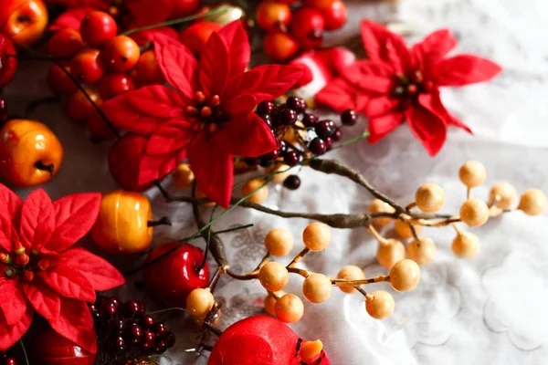 Bright red floristic plastic decorations: red flowers and detail — Stock Photo, Image