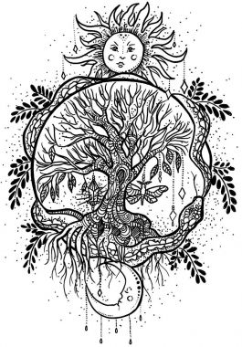 Özgün el resim illüstrasyon beyaz güneş, ağaç ile çekilmiş