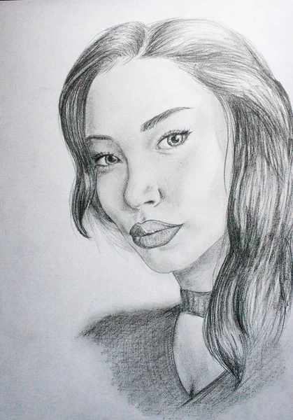 Desenho desenhado à mão de uma jovem menina bonita. Desenhado com um lápis Imagem De Stock