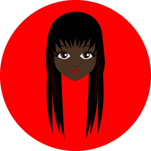 Cara de piel oscura de la muñeca con pelo largo oscuro y grandes ojos marrones — Vector de stock