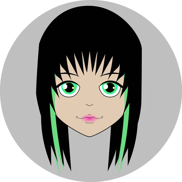 Poupées gaies visage avec des cheveux noirs courts et de grands yeux verts — Image vectorielle
