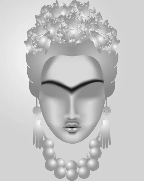 Interpretación de Frida Kahlo. Cara femenina en tonos plateados con — Vector de stock