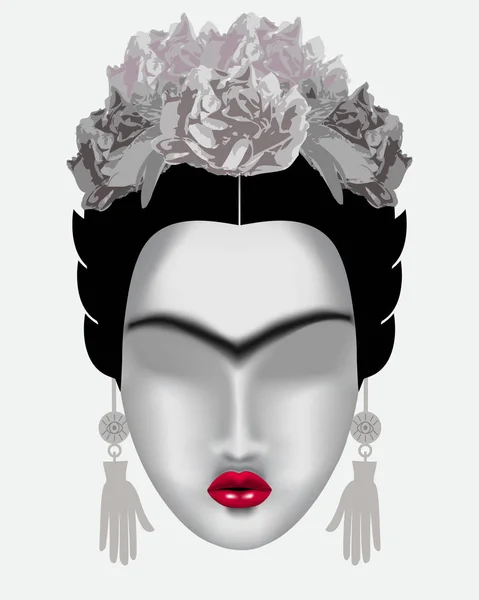 Interpretation of Frida Kahlo. Female face in gray tones with a — Stock Vector