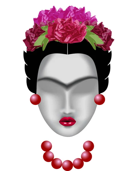 Interpretatie van Frida Kahlo. Vrouwelijke gezicht met een mono-wenkbrauw, — Stockvector