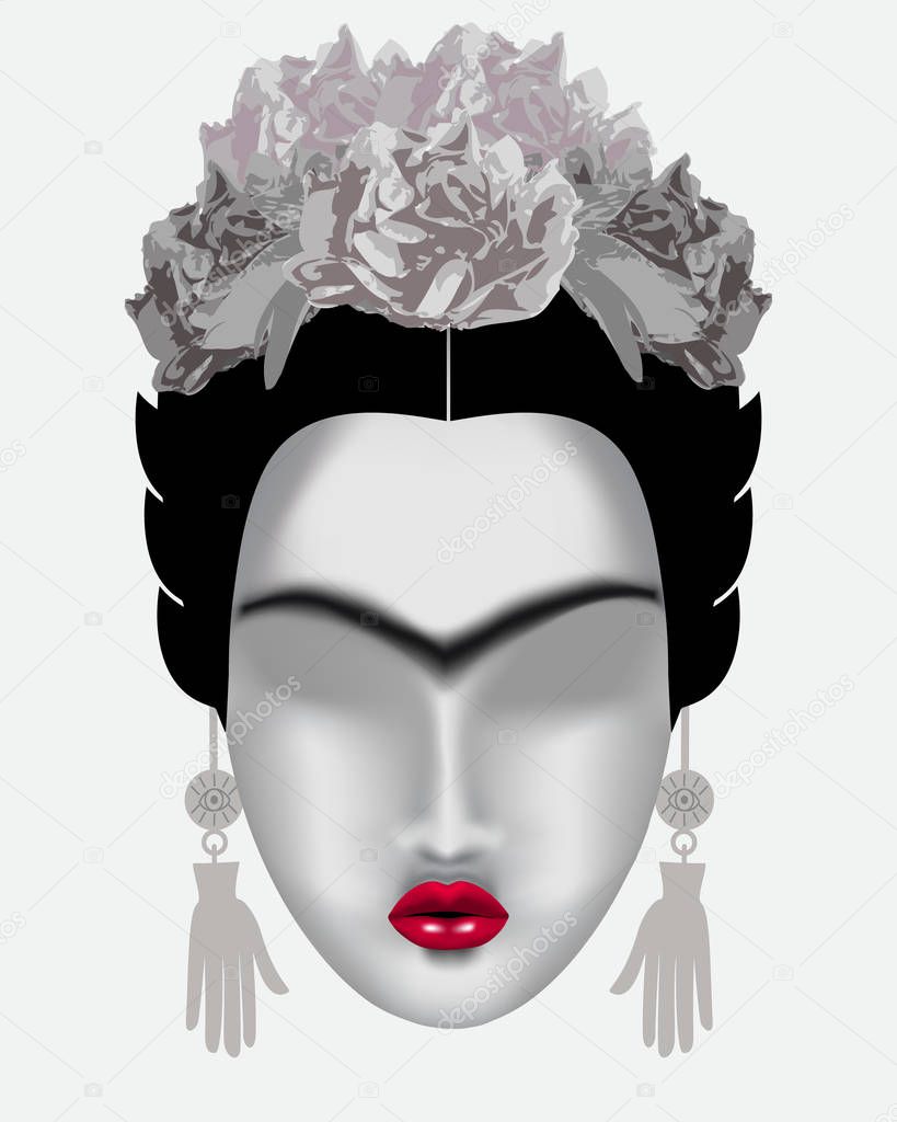 Interpretation of Frida Kahlo. Female face in gray tones with a 