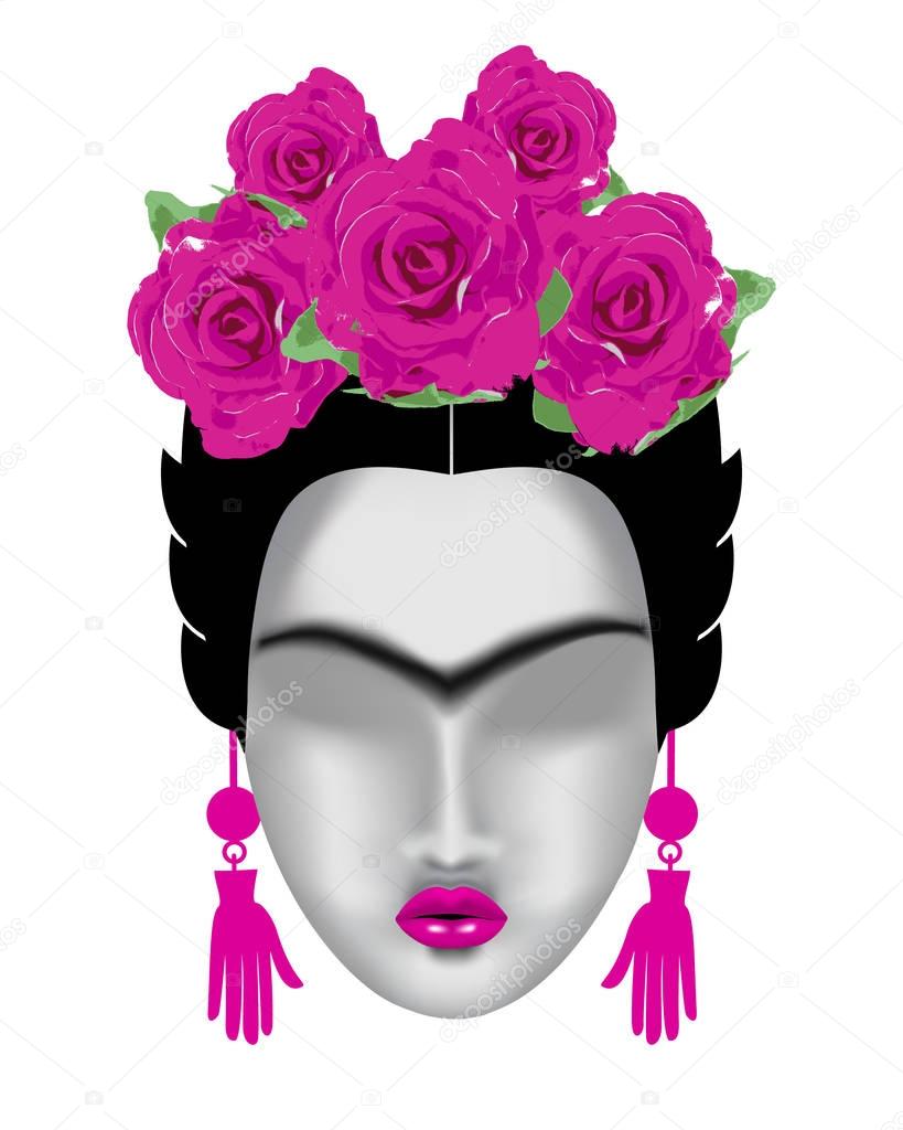 Interpretation of Frida Kahlo. Female face with a mono-eyebrow, 