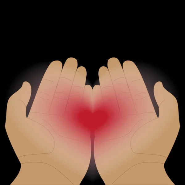 glowing transparent heart in hands on a black background. palms